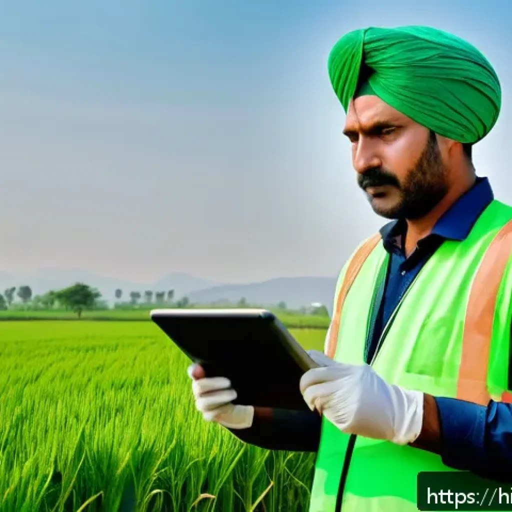 농산물품질관리사 직무별 연봉 차이 분석 - A detailed scene showing a Hindi-speaking agricultural quality inspector in rural India, wearing pra...
