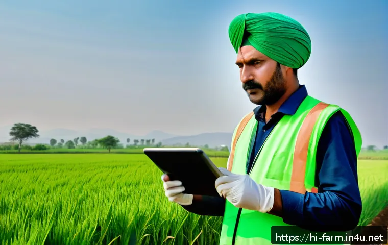 농산물품질관리사 직무별 연봉 차이 분석 - A detailed scene showing a Hindi-speaking agricultural quality inspector in rural India, wearing pra...