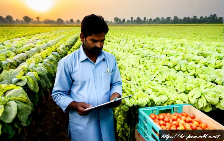 농산물품질관리사 자격증 실효성 평가 - Photorealistic Indian agricultural quality inspector in clean field attire examining fresh vegetable...